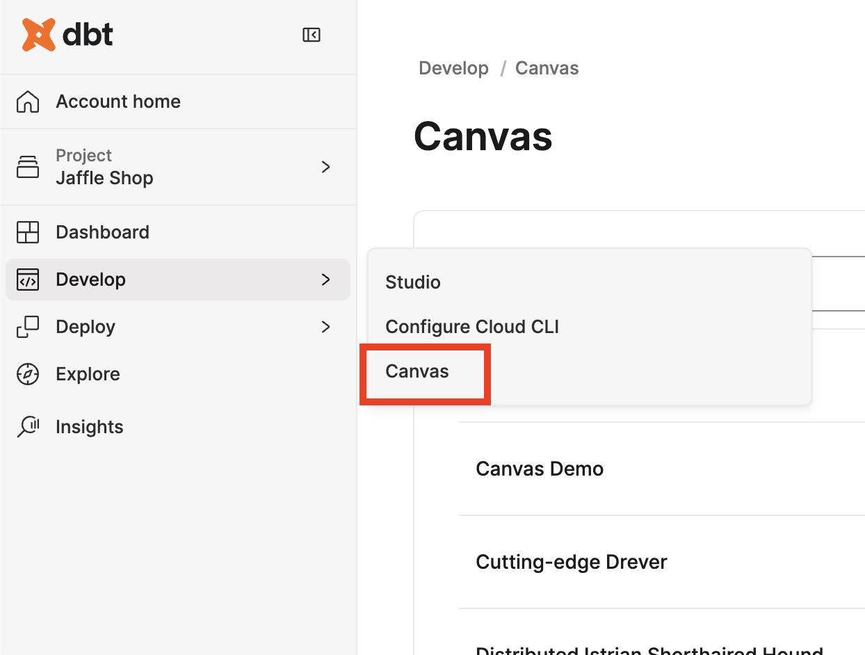 Canvas in the Develop section of the main menu.