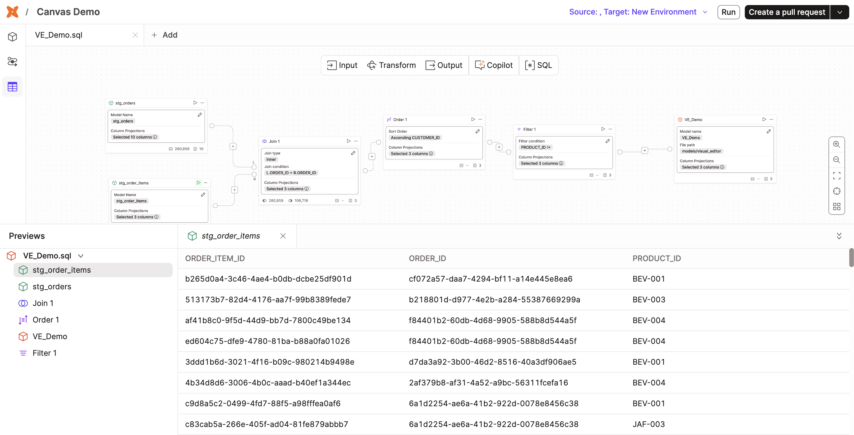 Create or edit dbt models with Canvas, enabling everyone to develop with dbt through a drag-and-drop experience inside of dbt.