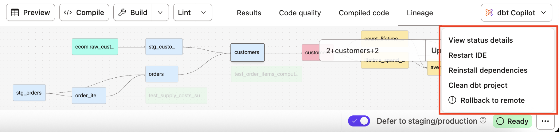 Access the IDE options menu to switch to dark or light mode, restart the IDE, rollback to remote, or view the IDE status