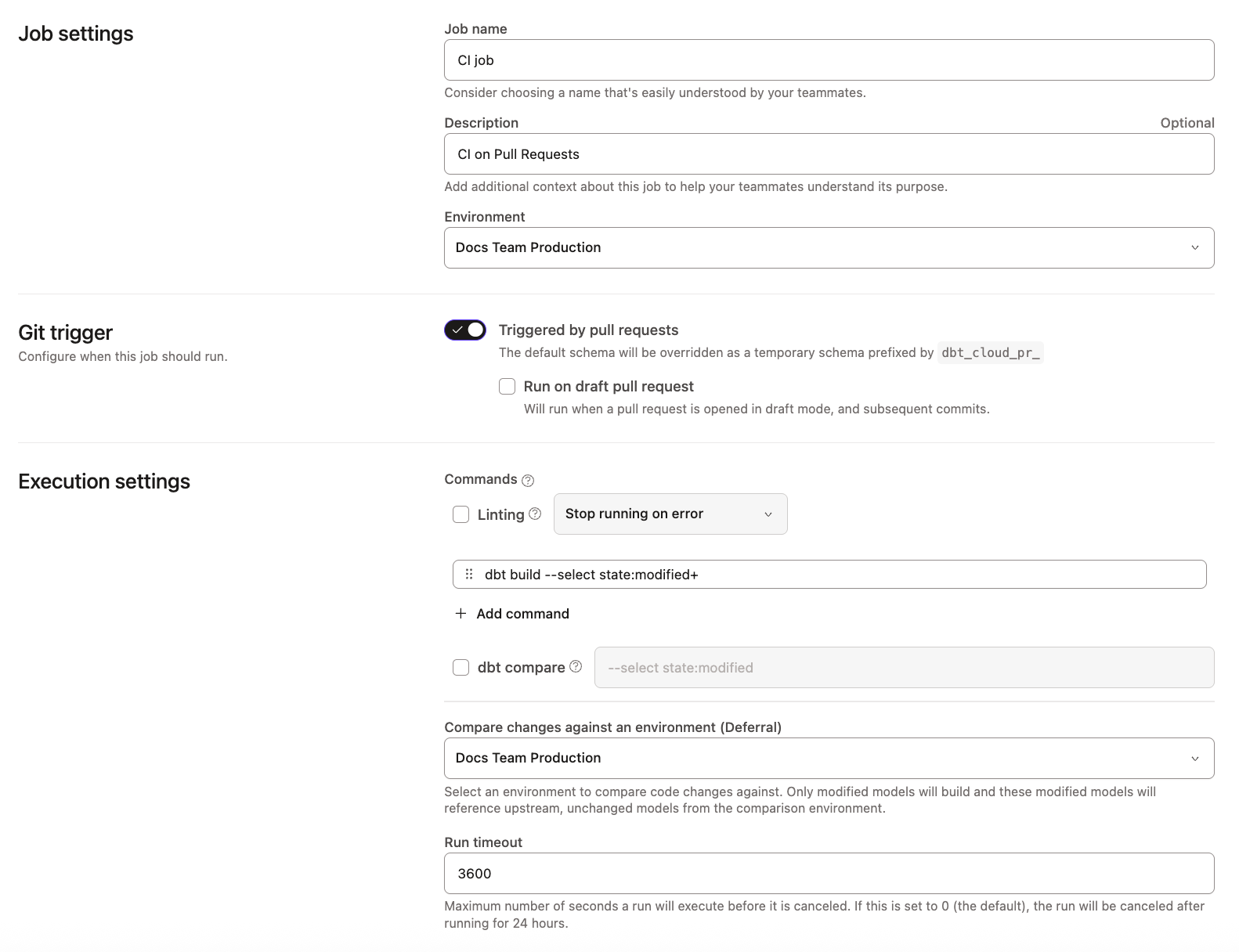 Example of CI Job page in the dbt UI