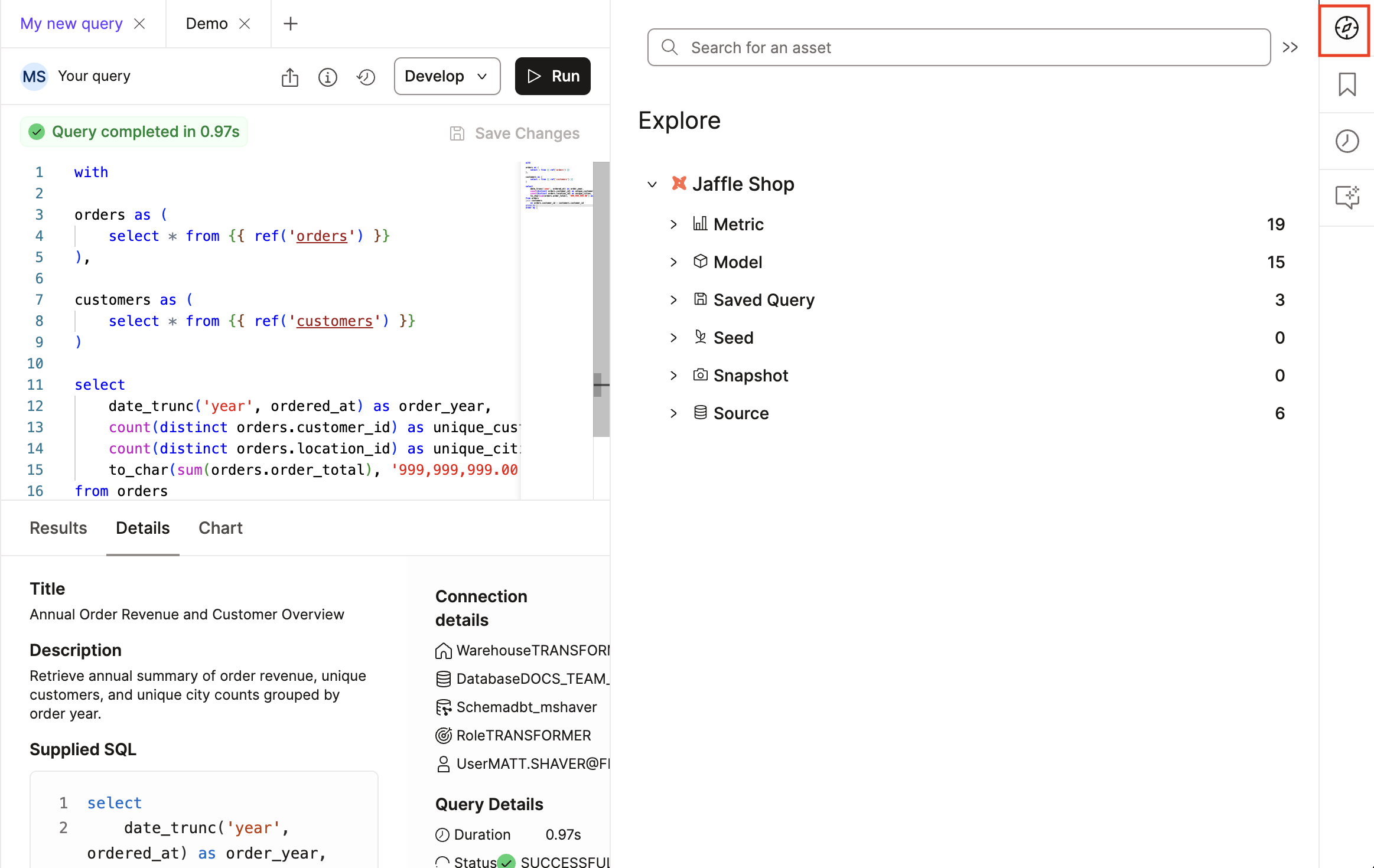 dbt Insights integrated with dbt Catalog