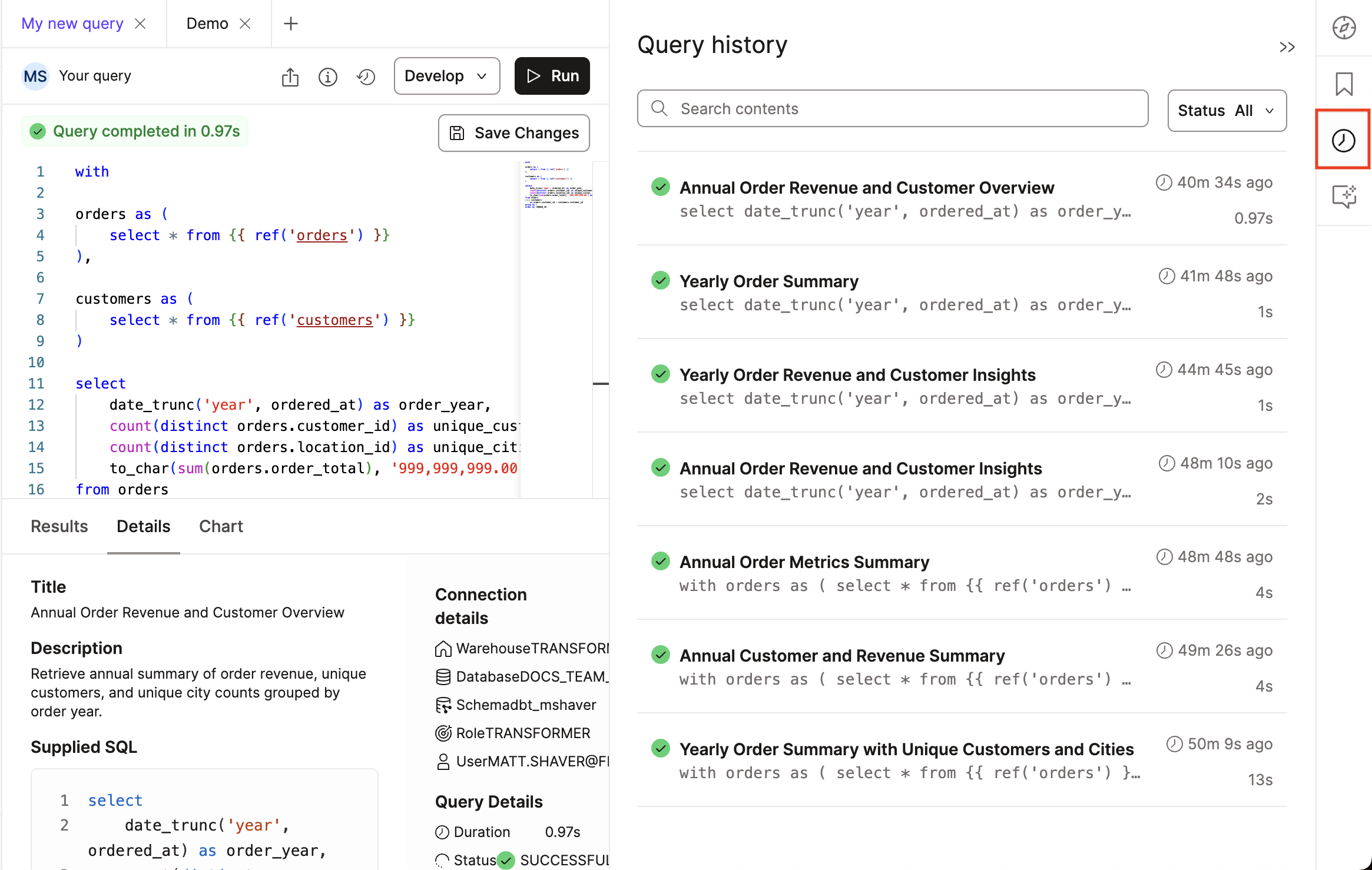 dbt Insights Query history icon