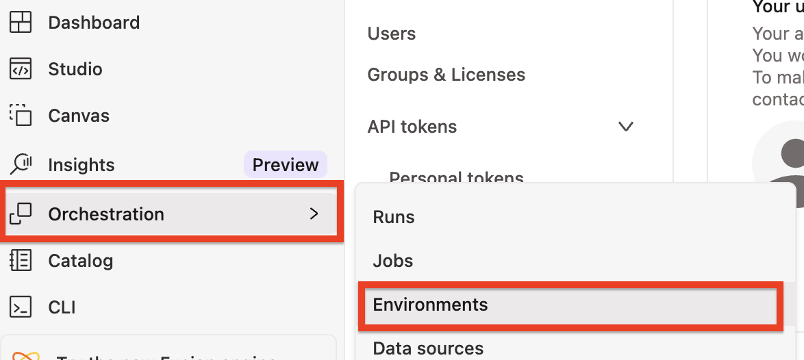 Navigate to environments within the UI